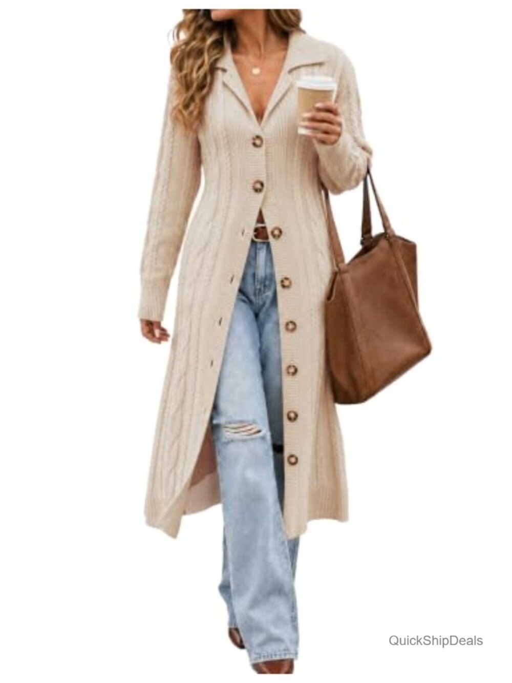 Women's Long Button Front Cable Knit Cardigan Midi Sweater Dress